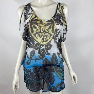 Language USA Bristol Silk Blouse Women XS‎ NWT $130 Cold Shoulders Sheer Tunic